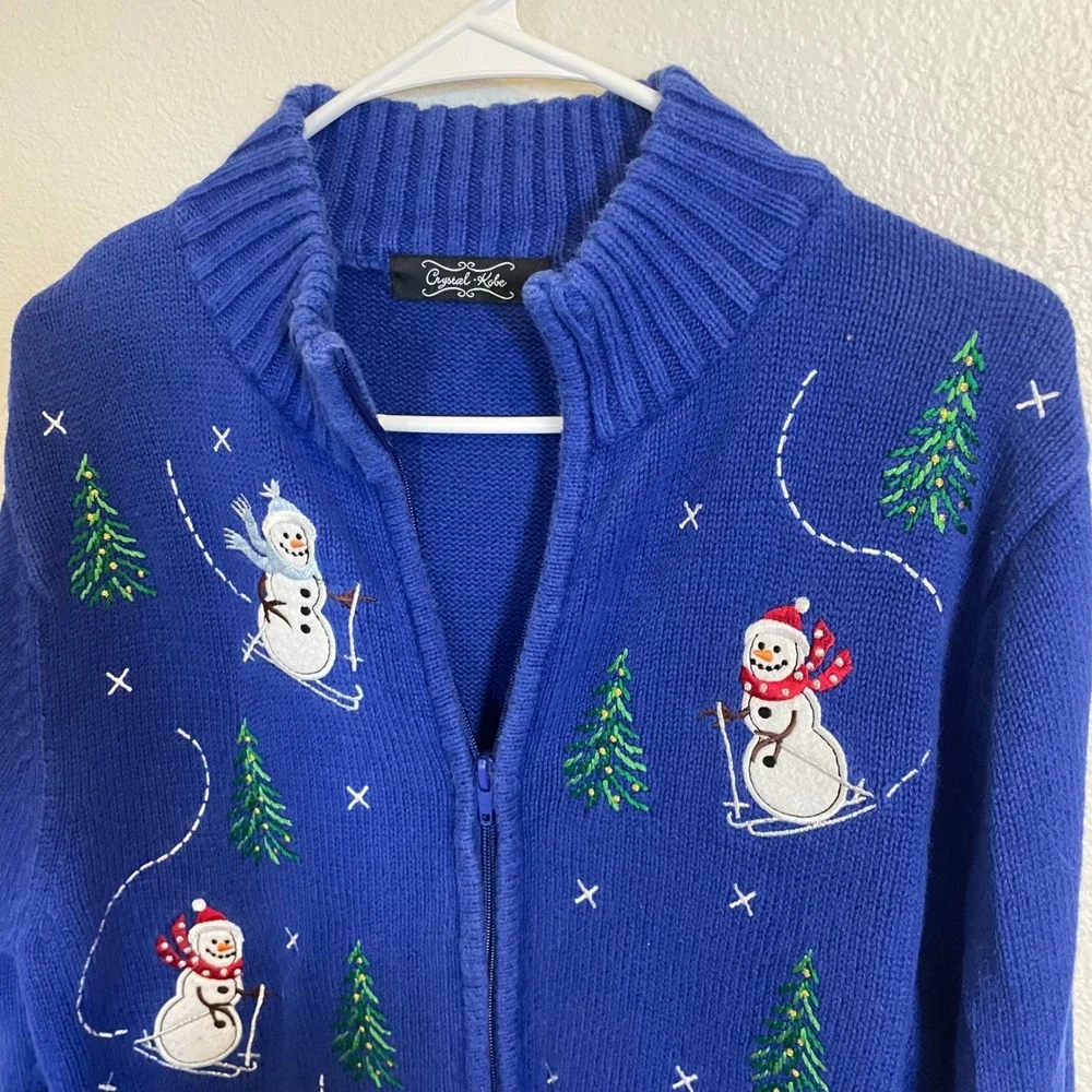 Crystal Kobe Women's M Blue Snowman Christmas Zip Up Sweater Jacket  Embroidered